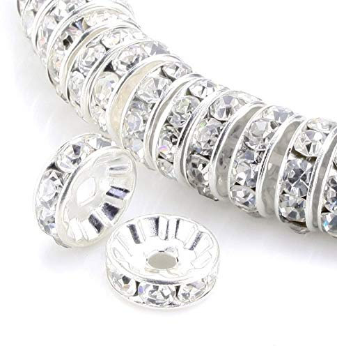 RUBYCA 100pcs 10mm A+++ Round Rondelle Spacer Charm Beads Silver Tone White Clear Czech Crystal