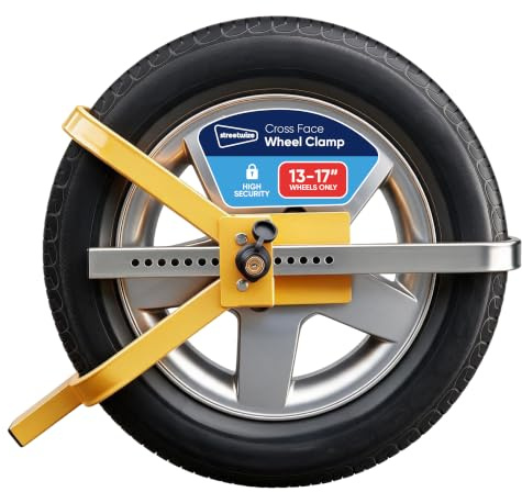Streetwize Heavy Duty Cross Face Wheel Clamp Lock for Cars, Vans & Caravans, Anti Theft Security Tyre Clamp, Fits 13”–17” Wheels, Hardened Steel, 2 Keys