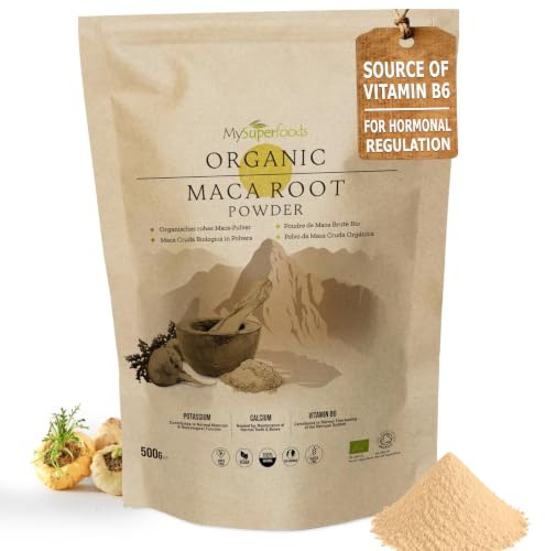 MySuperfoods Organic Maca Root Powder 500g, Grown Above 3,500m in Peru | Source of vitamin B6, which contributes to the regulation of hormonal activity. Naturally malty, milled whole. 100 servings.