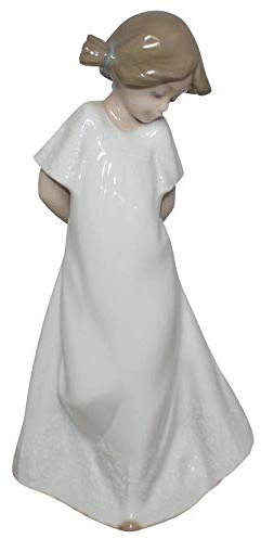 NAO So Shy. Decorative Gloss Porcelain Figure. Ornamental Figurine of a Girl in a Nightgown in White and Pastel Tones for Home Decoration