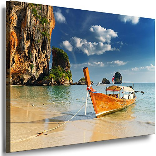 Julia-Art Leinwandbilder Landschaft Bild 100 x 70 x 2 cm - Wandbild 1 teilig - Wand Deko Modern Design Kunstdruck Palmen Strand Boot HR66-5