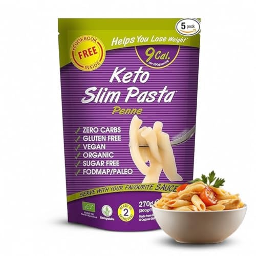 Eat Water Keto Slim Penne Pasta 270g (Pack of 5) – Organic Konjac & Oat Fibre Pasta Alternative, Low Calorie, Zero Carb, Gluten-Free, Fat & Sugar Free, Vegan High Fibre Ready to Eat
