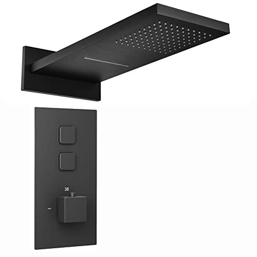 ENKI, Spello, SH0049, Square Thermostatic Concealed Shower Set, Dual Rainfall and Waterfall Overhead Shower, Black