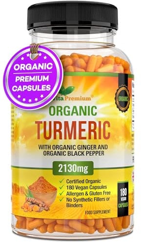 Turmeric and Black Pepper Capsules for Anti-Inflammatory and Joint Pain Relief - 180 Organic Capsules - High Strength Turmeric Curcumin Supplement with Added Black Pepper and Ginger - Made in UK