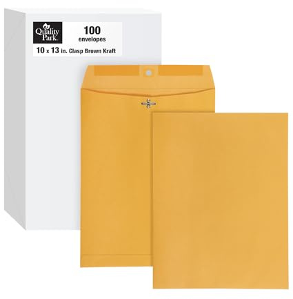Quality Park 10 x 13 Clasp Envelopes, Gummed, Moisture-Activated Adhesive for Permanent Secure Seal, 28 lb Paper, Brown Kraft, 100/Box (QUA37897)