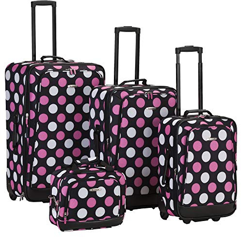 Rockland Escape 4-Piece Softside Upright Luggage Set, Telescoping Handles, Multi/Pink Dot, (14/19/24/28)