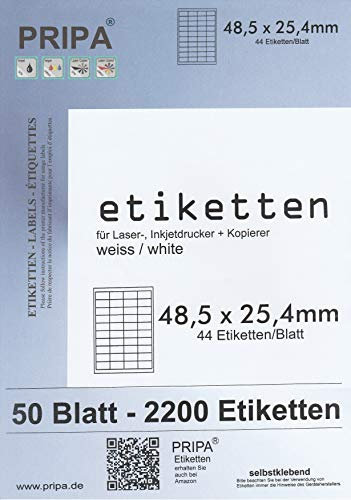 pripa Etiketten 48,5 x 25,4 mm, 50 Blatt DIN A4 Selbstklebende Etiketten.Der Einzelbogen ist aufgeteilt in44 Etiketten pro Bogen = 4 Spalten je 11 Reihen