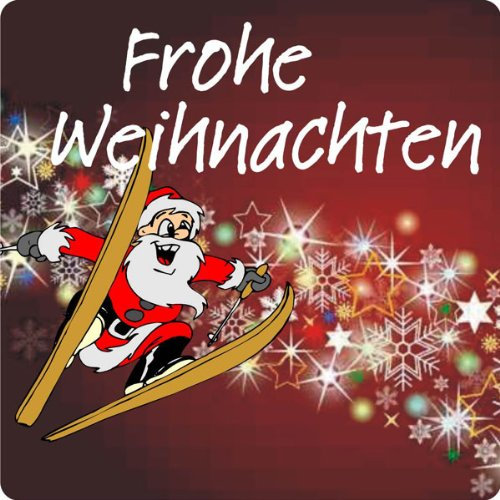 Weihnachtsaufkleber Frohe Weihnachten mit Weihnachtsmann auf Ski