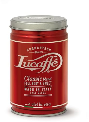 Lucaffè - Barattolo Caffè in Grani Classic 250 Gr | Caffè in Chicchi Interi da macinare per Espresso Cremoso | Tostatura Media | Gusto Dolce e Corposo | Aroma Fine e Cioccolatoso