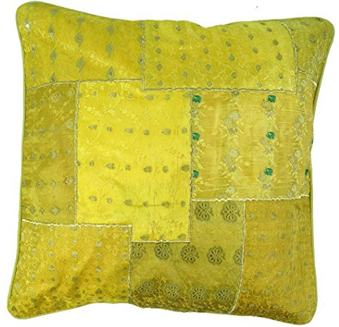 GURU SHOP Orientalische Kissenhülle, Kissenbezug Saree Patchwork - Gelb, Synthetisch, 40x40x0,5 cm, Zierkissen, Dekokissen, Sofakissen