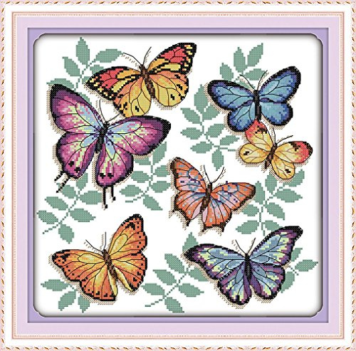 YEESAM ART Unstamped Cross Stitch Kits for Adults, Colourful Butterflies 14ct Counted Unprinted Embroidery Kit Needlework Wall Art Decor
