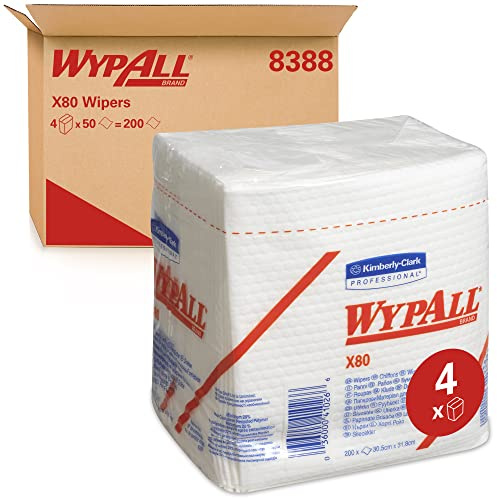 WypAll, 8388, X80 Quarter Fold Cloths, 1 ply, white, 4 packs x 50 cloths
