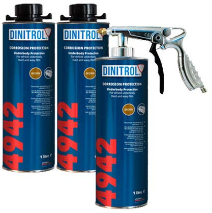 Dinitrol 4942 Unterbodenwachs (Braun), 3 x 1-Liter-Dosen (mit Schutzschraubverschluss) und 1 x Spritzpistole.