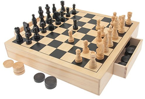 Teorema Giocattoli, scacchiera in legno portatile 3 in 1. Dama, Scacchi e Tria, giochi per bambini in legno. Cassetti estraibili, sono presenti pezzi di riserva.