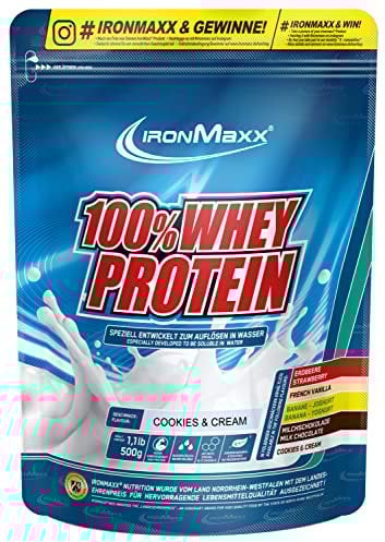 IronMaxx 100% Whey Protein Pulver 500g - Cookies und Cream | Cremiger Eiweißshake mit BCAAs & EAAs | High Protein, Low Carb & zuckerarm | Ideal für Muskelaufbau & Fitness Design kann variieren