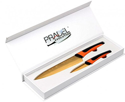 Coffret Pradel Evolution 2 Couteaux Cuisine Revêtement Titane Doré Façon Damas