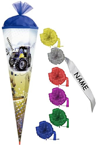 mit Silberfolie ! - Schultüte - Traktor - 85 cm - incl. individueller Schleife - mit Holzspitze/Tüllabschluß - Zuckertüte Roth - für Jungen - Bauernhof Trak..