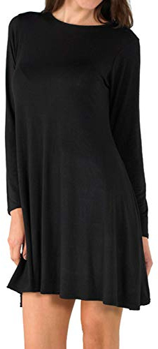 Candid Styles Womens Plain Long Sleeve Stretch A Line Skater Flared Swing Dress Top Plus Size T-Shirt 8-26 12-14 Black