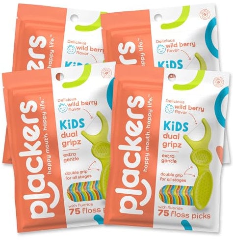 Plackers Dual Gripz Zahnseide-Plektren für Kinder mit doppeltem Griff, Wildbeeren-Geschmack, bunte Zahnseide-Picker für Kinder jeden Alters, 75 Stück (4 Stück)