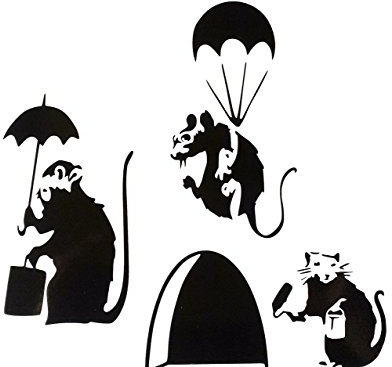 Wandaufkleber, Motiv: Mausloch, Banksy, kleine Bankratte mit Farbdose und Rolle, Fallschirmjäger/Regenschirm, Vinyl, 3 x 11 x 5 cm, 3 Stück UKSELLINGSUPPLIERS®