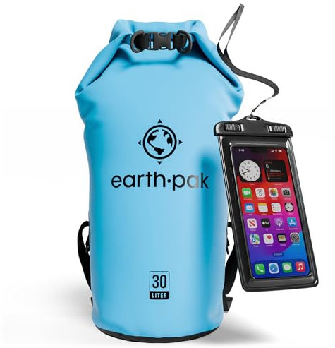 Earth Pak -Waterproof Dry Bag - Roll Top Dry Sack Keeps Gear Dry for Boating, Hiking, Camping and Fishing with Waterproof Phone Case (Light Blue, 30L)