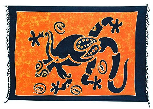 Kascha Sarong Pareo Wickelrock Strandtuch Tuch Wickeltuch Handtuch - Blickdicht - ca. 170cm x 110cm - Orange Blau Batik mit Gecko Motiv Handgefertigt inkl. Kokos Schnalle in Rauteform