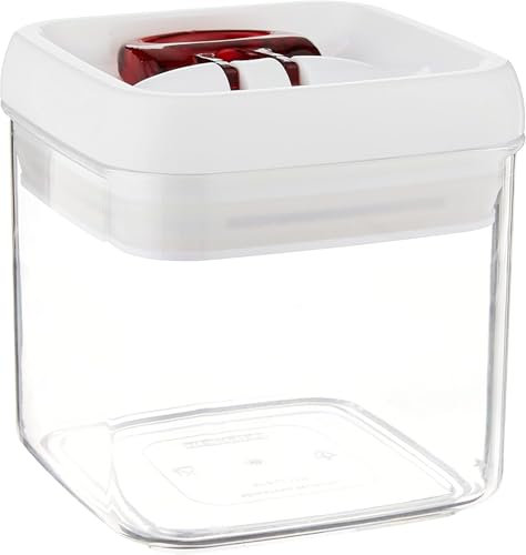Leifheit Fresh and Easy Vorratsbehälter 400 ml, eckig, luft- und wasserdichte Vorratsdose mit patentierter Einhand-Bedienung, Frischhaltedose, stapelbare Aufbewahrungsboxen, transparent, rot