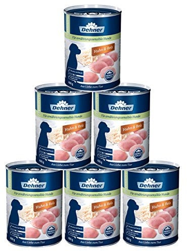 Dehner Premium Hundefutter Sensitive, Nassfutter zuckerfrei / getreidefrei, für ausgewachsene ernährugssensible Hunde, Huhn / Reis, 6 x 400 g Dose (2.4 kg)