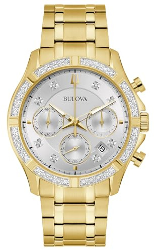 Bulova Classic Diamond Chronograph Silver Dial Gold-Tone Bracelet Watch 42mm - 98E113