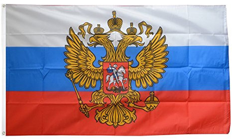 Flaggenfritze® Flagge Russland mit Wappen, russische Flagge hissfertig mit Ösen + gratis Sticker 60 x 90 cm