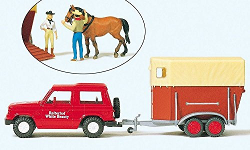 Preiser 33243 H0 Mitsubish Pajero Reiterhof Anhänger Fertigmodell