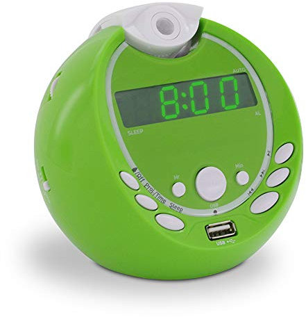 METRONIC 477017 Réveil Enfant avec double alarme avec port USB MP3 Projection 180° sur Secteur ou Piles - Vert
