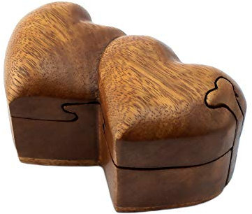 Budawi® Puzzle Box Doppelherz – Geheimbox aus Suar-Holz (13x7x7 cm), handgefertigte Holzbox mit Geheimfach – Versteck für Geld, Schmuck & kleine Geschenke – Geschenkidee Herzform