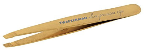TWEEZERMAN Pinzette (Handgeschliffene Schräge Spitzen, Augenbrauen zupfen, Profi-Qualität, Rostfreier Edelstahl), Gold