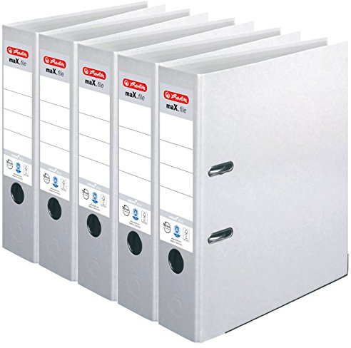 HERLITZ Ordner maX.file nature+ A4 8cm | Kraftpapierbezug selbstklebendes Rückenschild | 5er Sparpack in diversen Farben zur Auswahl (Weiß, breit 8cm | 5er Pack)