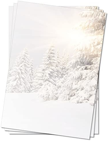 Motivpapier Briefpapier (Winter-5059, DIN A4 25 Blatt) Tiefverschneite Winterlandschaft mit Bäumen welche unter der Schneelast ächzen, die Sonne strahlt vom Himmel