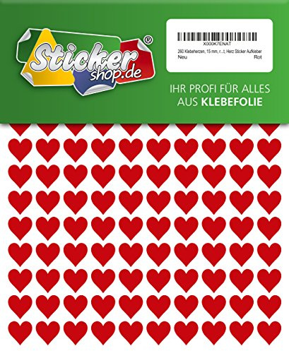260 Klebeherzen, 15 mm, rot, aus PVC Folie, wetterfest, Herz Sticker Aufkleber
