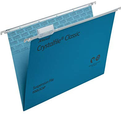 Rexel Foolscap Suspension Files with Tabs and Inserts for Filing Cabinets, 15 mm V base, 100 Percent Recycled Manilla, Blue, Crystalfile Classic, Pack of 50, 78143