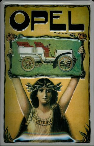 Buddel-Bini Versand Blechschild Opel Motorwagen Oldtimer Auto Schild, Retro KFZ Reklame, 20 x 30 cm, Metall, Rechteckig, Wandmontage, Rot