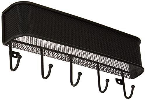 iDesign corbeille à courrier, petit rangement mural en métal et plastique à 5 crochets pour clés ou laisses, module de rangement pour courrier et post-its, noir