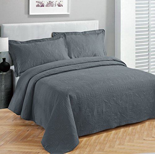 Fancy Collection 3-teiliges Luxus-Tagesdecken-Überwurf, gesteppt, einfarbig, Anthrazit/Dunkelgrau, Größe 250 cm x 270 cm, für Doppelbett