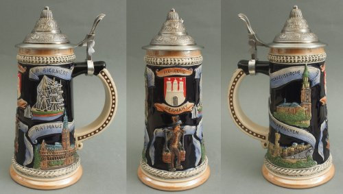 Buddel-Bini Bierkrug Hamburg Hummel 18cm mit Zinndeckel