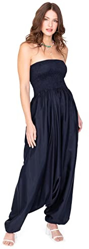 likemary Jumpsuit for Women - Pulls down into Harem Pants - 2-in-1 outfit in Silk Look Fabric - One Size Jumpsuits & Harem Trousers with Pockets - Midnight Blue