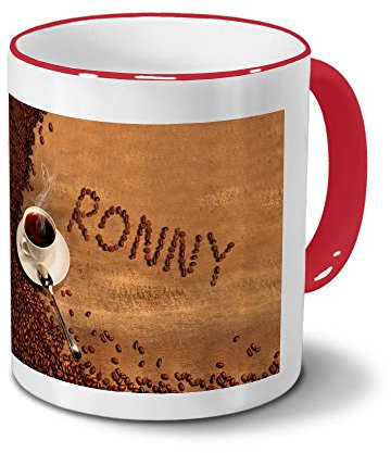 printplanet Tasse mit Namen Ronny - Motiv Kaffeebohnen - Namenstasse, Kaffeebecher, Mug, Becher, Kaffeetasse - Farbe Rot