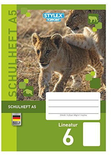 STYLEX 29706 Schulheft mit tollen Tiermotiven, Verschiedene Lineaturen, DIN A5, 16 Blatt