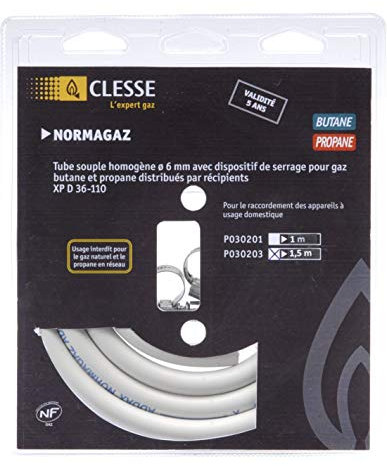 Flexible gaz Ø6 longueur 1,50m butane-propane 5 ans+colliers