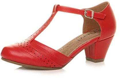 Damen Mitte Blockabsatz T-Riemen Ausgeschnitten Brogues Pumps Sandalen Größe 7 40