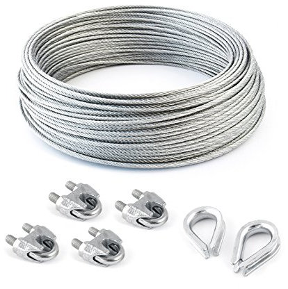 COJUNTO 30m cuerda de alambre galvanizado 6mm hebra: 6x19 + 4 abrazaderas + 2 dedales