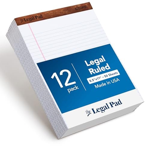 TOPS 8.5 x 11 3/4 Legal Pads, 12 Pack, The Legal Pad Brand, Wide Ruled, White Paper, 50 Sheets Per Writing Pad, Made in the USA (7533)