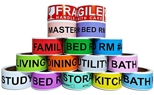Farbkodierungsetiketten, 4 Schlafzimmer-Haus + zerbrechliche Aufkleber, 14 verschiedene Wohnräume + 2 Rollen Griff mit Vorsicht, insgesamt 16 Rollen, 50 Etiketten/Rolle, 2,5 cm Höhe x 11,4 cm Breite.